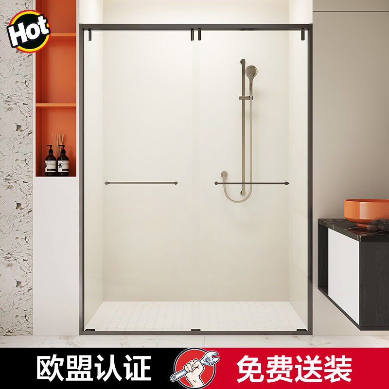 一字型缓冲淋浴房整体不锈钢极窄家用浴屏卫生间玻U璃移门简易隔