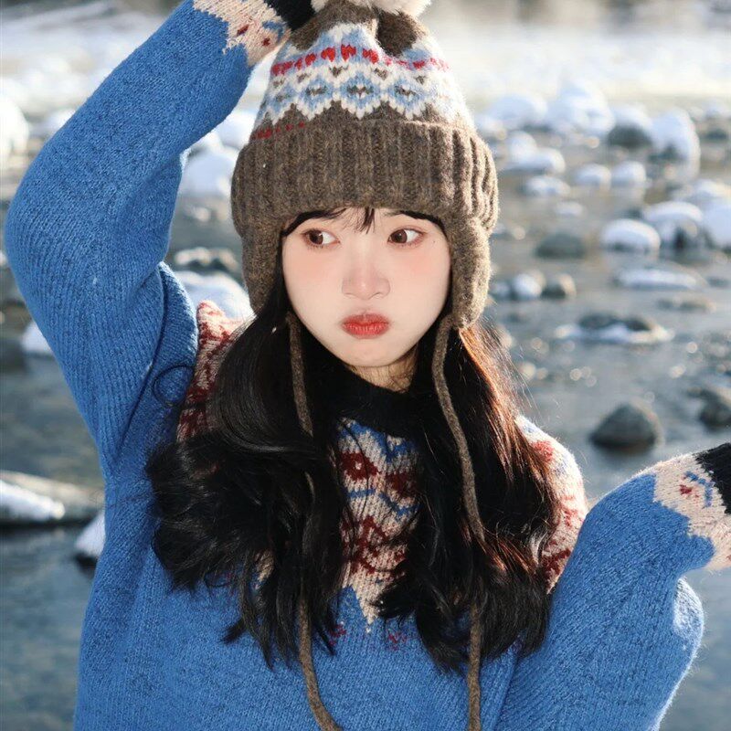 民族风!小众甜美可爱慵懒风圣诞宽松费尔L岛毛衣女秋冬蓝色打底衫