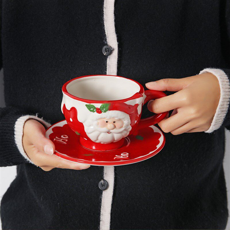 韩风立体手绘圣诞老公公陶瓷咖啡杯碟套装圣诞礼物早餐下午茶杯碟