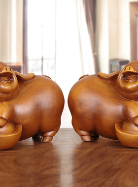 实木雕猪摆件招财猪木质手工艺品生肖猪客厅玄关酒柜收银台装饰品