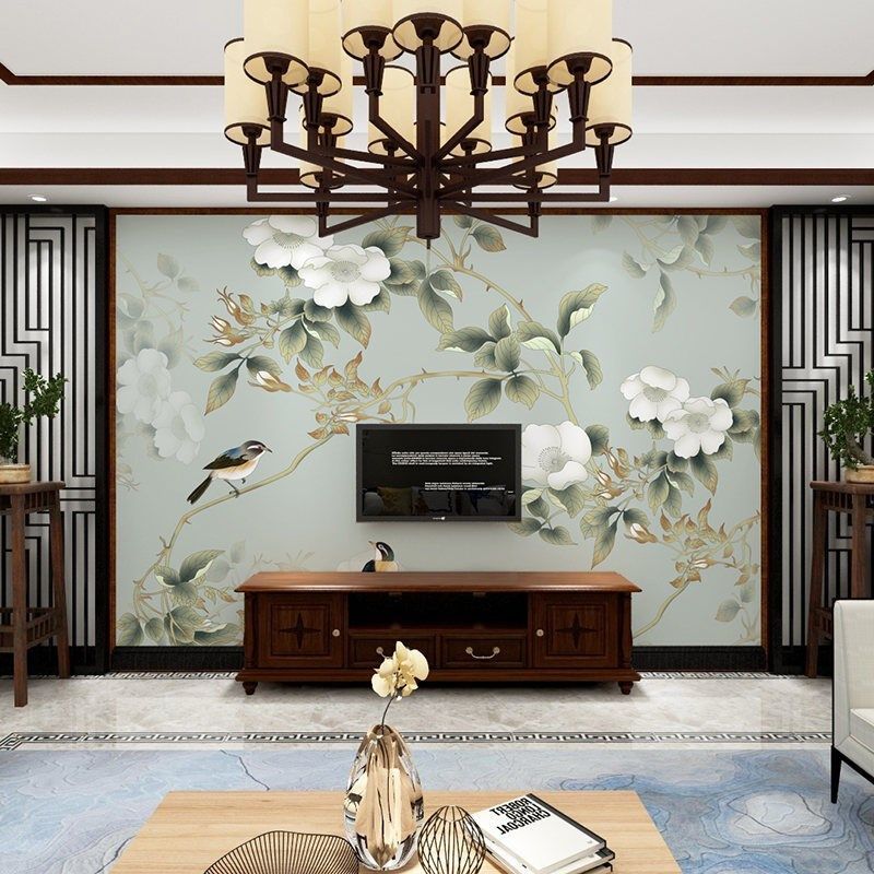 新款大型壁画电视背景墙壁纸壁画客厅卧室新中式清新意境花鸟装