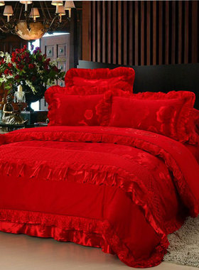 四件套大红色结婚1.8牀上v枕套牀单被套蕾丝贡缎亲肤双人韩式磨毛