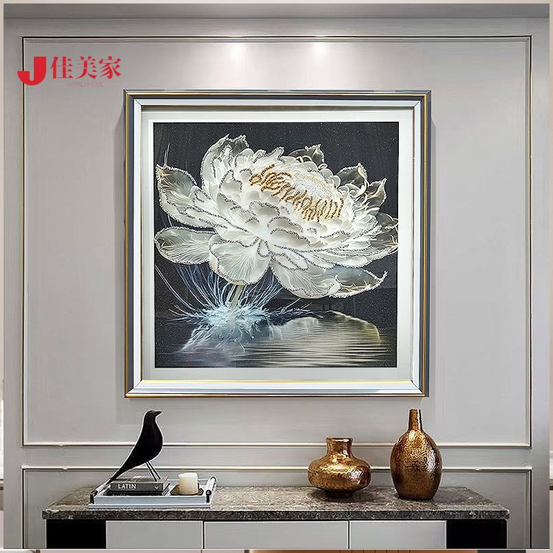 光影睡莲百搭配客厅餐厅入户玄关画立体纯手工镶T嵌正方形装实物