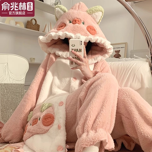 睡衣女款 珊瑚绒加绒加厚法兰绒浴袍冬天连帽睡袍可爱家居服 秋冬季