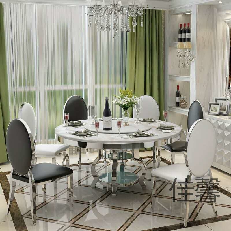 圆形餐桌大理石餐台不锈钢欧式z饭桌子后现代8人餐桌椅组合带转盘