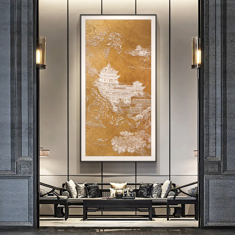 新中式客厅紫气东来风景立体浮雕装饰画玄关书房壁饰单幅饭厅挂画
