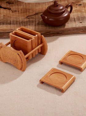 竹乡 竹制 竹杯垫茶垫 六片装方形D茶垫套装 附加竹杯架 茶道零配