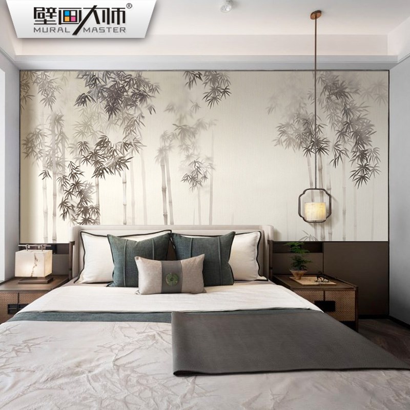 新中式意境水墨竹子墙布素雅壁布客厅沙发背景墙壁纸茶室硬包壁画