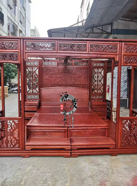 实木架子床仿古拔步床双人床雕花彩绘原卯榫雕刻S镂空隔断婚床榆