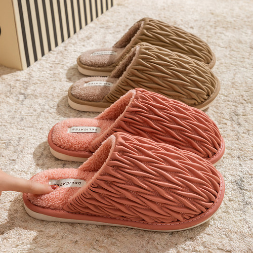 高级感棉拖鞋女秋冬室内居家褶皱情侣20G24新款厚底保暖PU皮防水