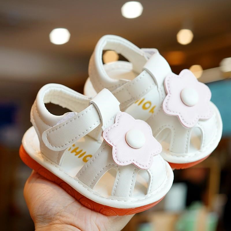 夏季女宝宝学步鞋0-1-2岁婴儿软底凉鞋幼童包头防踢不掉叫叫鞋