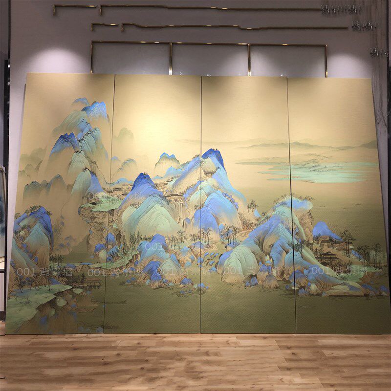 千里江山图墙纸沙发背景墙电视客厅新中式丝印手绘手绣刺绣壁画硬