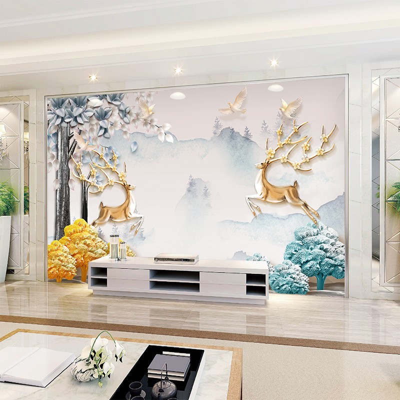 8d立体墙纸电视背景墙壁纸现代简约麋鹿装饰壁画客厅大气影视墙布