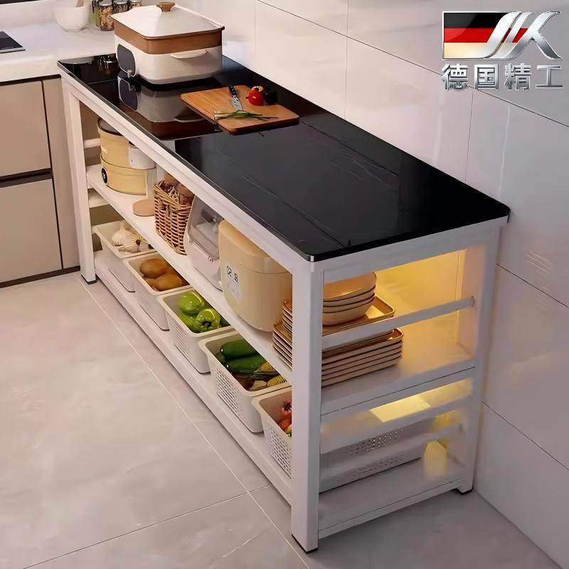 德国岩板厨房置物架落地多功能微波炉锅具餐边柜桌子案板收纳窄架