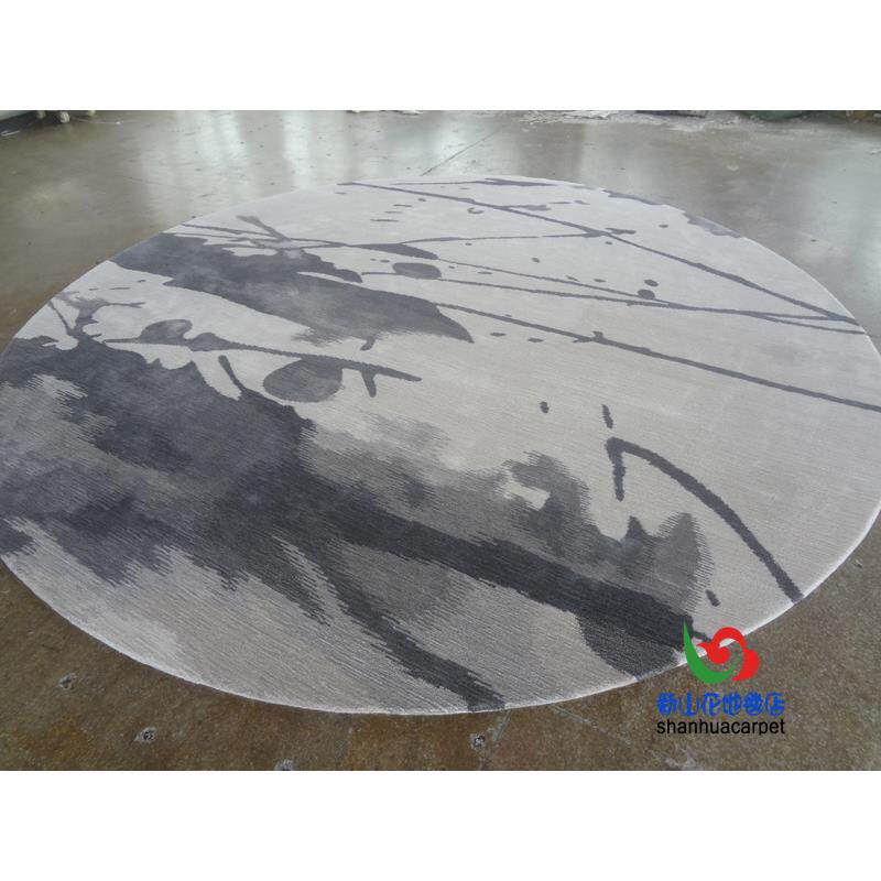 新中式水墨画圆形手工晴纶羊毛别墅客厅茶几地毯餐厅书桌大厅地毯
