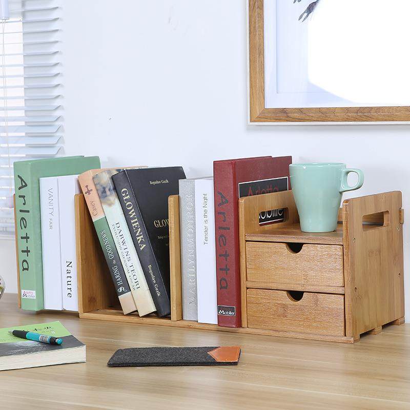 楠竹带抽屉桌面书架办公桌上小书架学生用实木收纳置物架