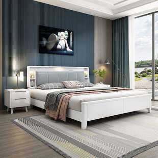 白色实木床储物现代简约1.8米双人床充电主卧多功能置物床软靠床