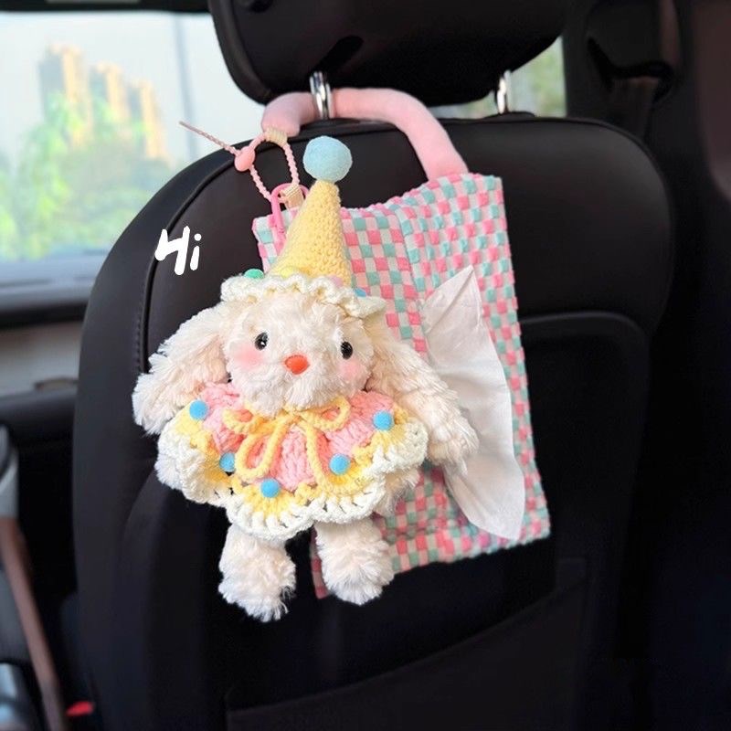 创意新款车载纸巾盒可爱兔兔车内多功H能抽纸盒座椅收纳悬挂式高