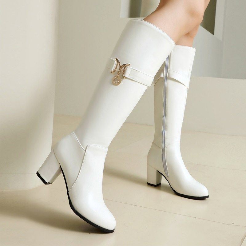 百搭白色长靴女高跟鞋2025新款秋冬长筒靴加绒时尚粗跟女士高筒靴,女鞋,骑士靴,淘宝优惠券,粉丝福利购,淘宝优惠卷