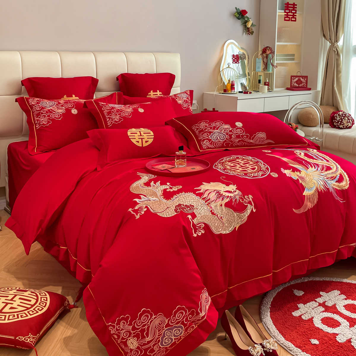 中式龙凤刺绣结婚床上四件套大红色婚房床单被套全棉婚庆床品