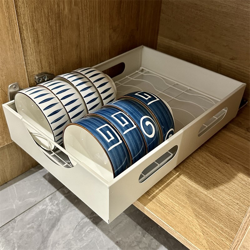 橱柜抽拉式碗碟沥水架碗筷餐具滑轨式置物架厨房抽屉式收纳拉篮
