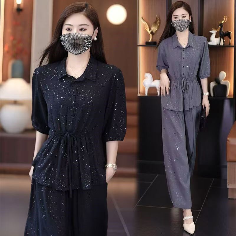 夏季爆款时尚纯色细闪套装胖MyM气质大码衬衫遮肚宽松阔腿裤两件