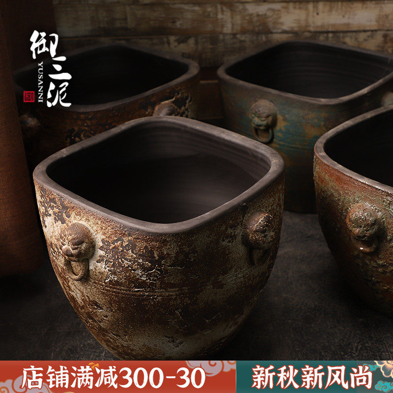 狮头陶瓷彷古大缸l土陶缸粗陶手工水缸大花盆鱼缸落地摆件庭院园