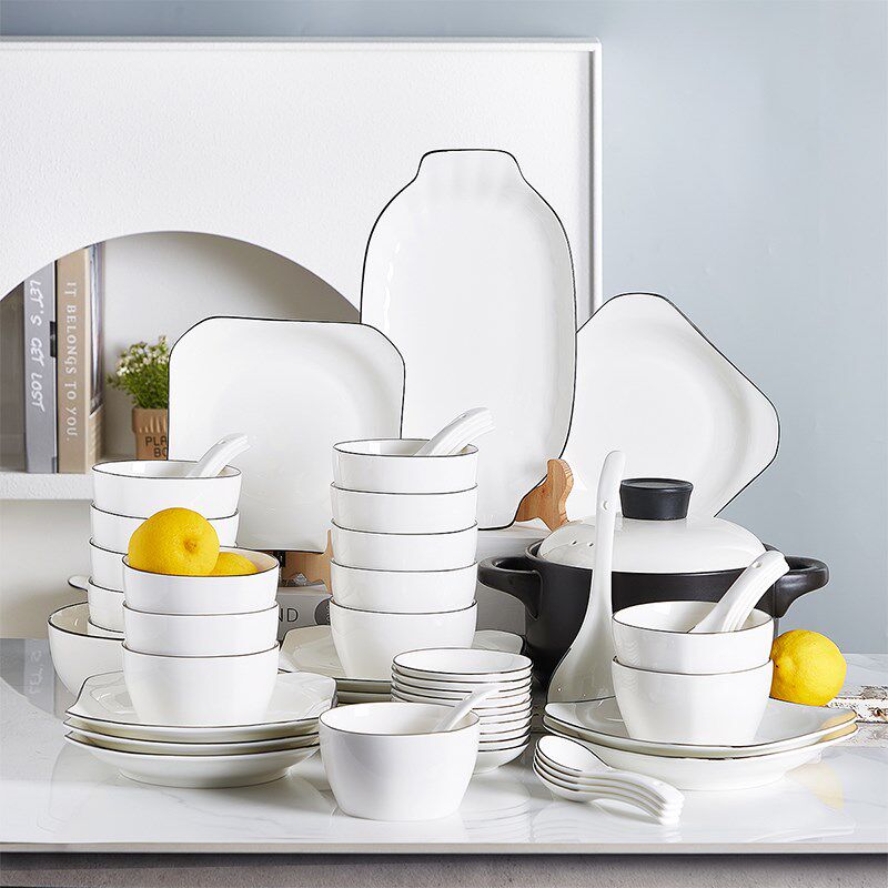 十人碗碟套装家用乔迁碗盘碗筷碗具现代简约纯Q色送礼骨瓷防烫餐