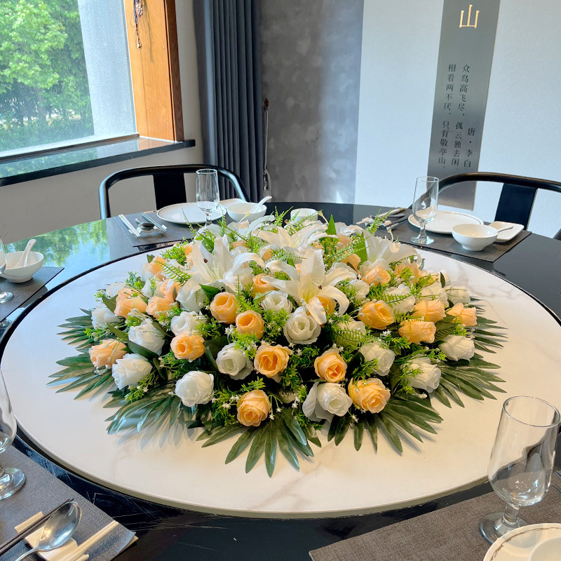 酒店饭店餐桌花假花仿真花桌面摆件桌花装饰花大圆桌转Z盘中间摆