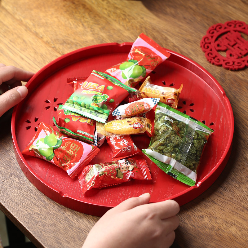 红色长方形木质敬茶托盘婚庆茶盘家G用放茶杯结婚糖果盘圆形平盘