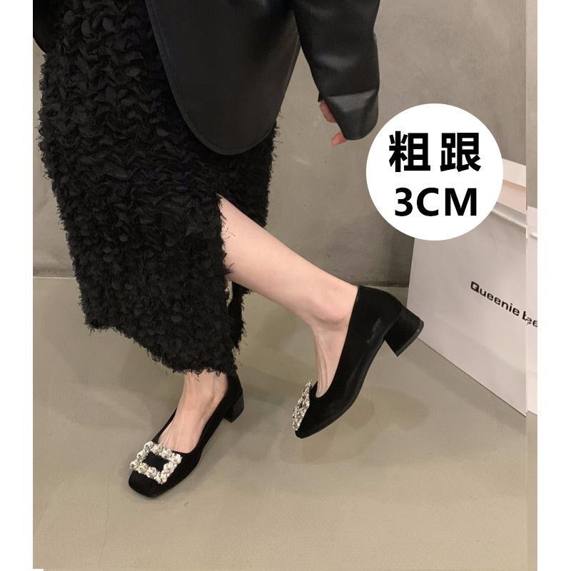 粗跟法式水钻单鞋女鞋子2024年新款春秋方头气质黑色Y通勤鞋工作