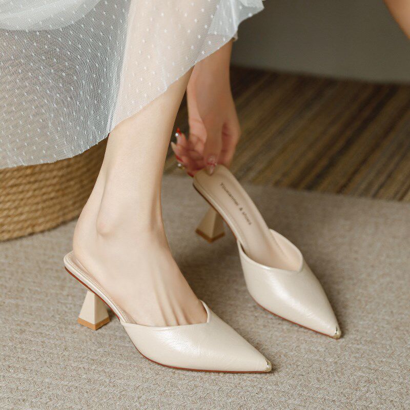 杏色包头尖头粗跟高跟6pcm凉鞋女2025春夏一脚蹬懒人拖鞋不累脚