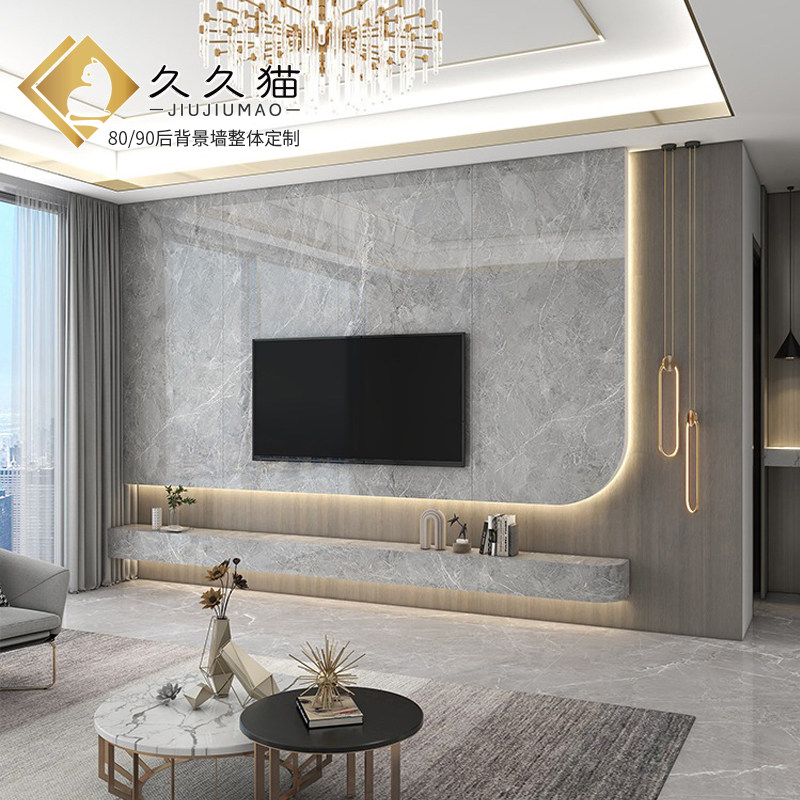 纯色热弯悬空岩板电视背景墙网红素色白色哑光客厅大理石弧形圆角
