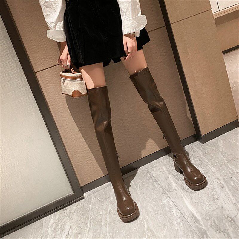 咖色棕色高跟弹力过膝长靴女冬季皮面显瘦长筒靴子粗跟瘦瘦高筒靴