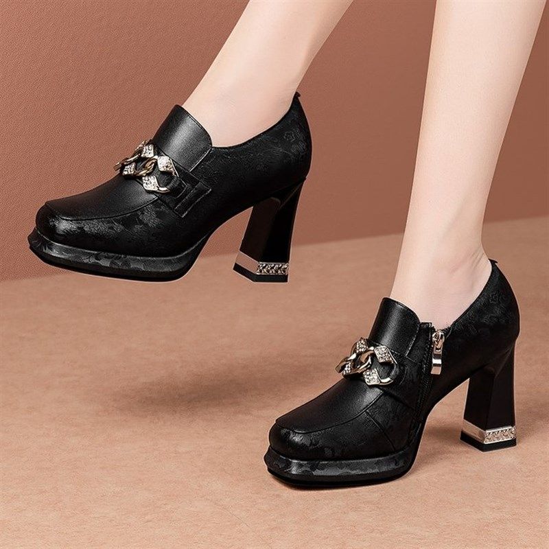 方头高跟鞋女防水台水钻扣单鞋2025年春季新款女士不累脚皮鞋粗跟,女鞋,深口单鞋,淘宝优惠券,粉丝福利购,淘宝优惠卷