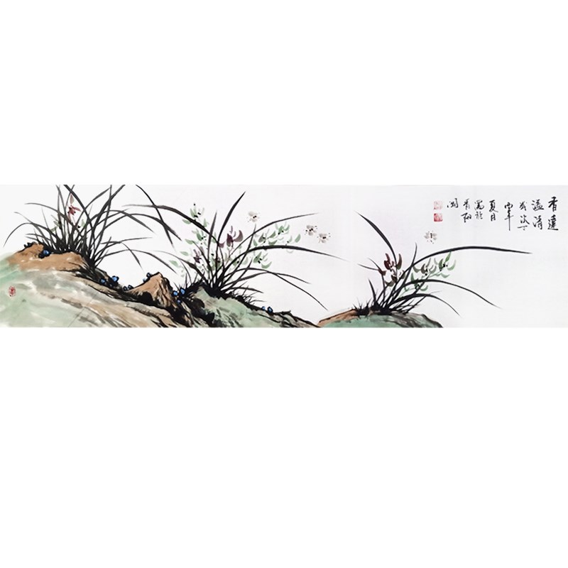 纯手绘中国画 床头客厅茶社书房 手工写意画心横幅对开兰花兰石图