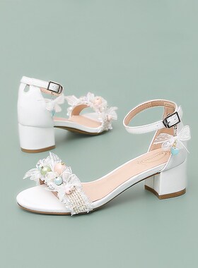 白色粗中跟通勤夏季女凉鞋蕾丝童趣彩球露趾一字腕带甜美韩版学生