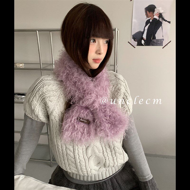 韩系氛围感紫色毛绒小围巾女款冬季新款加厚保暖R护颈交叉围脖时