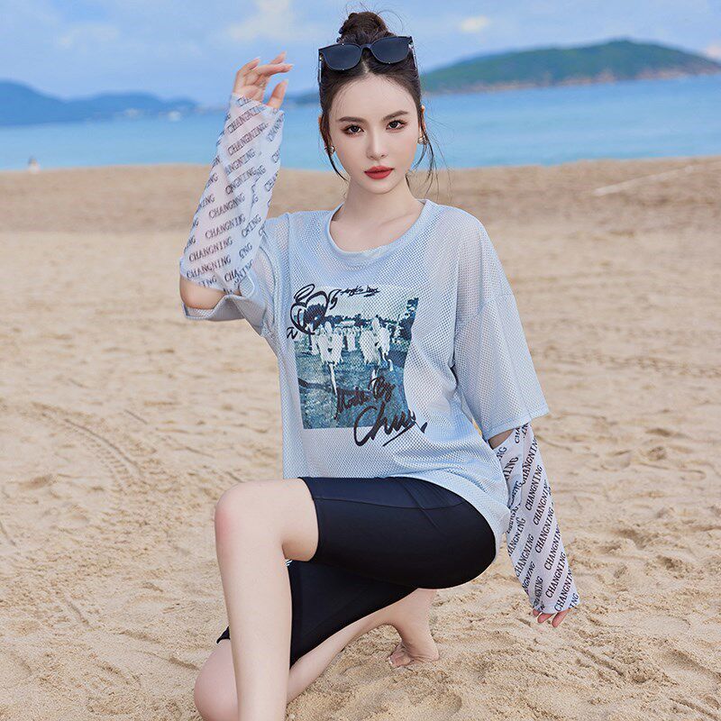 泳衣女三件套202l4新款泡温泉长袖罩衫五分裤分体遮肚显瘦保守泳