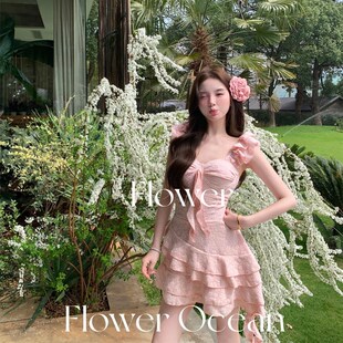 粉色连体钢托聚拢纯欲少女沙.滩度假泳衣 新款 甜梦千金