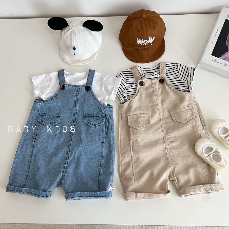 ins男女宝宝夏季背带连体衣婴幼儿夏装洋气薄Q款牛仔背带中裤爬服