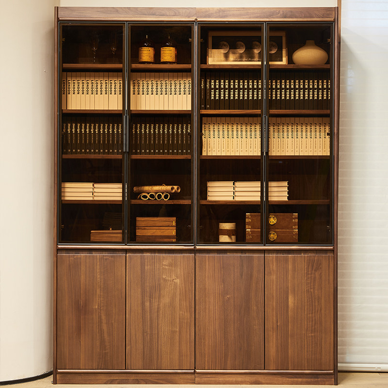 北美黑胡桃木书柜全实木玻璃门酒柜落地置物柜客厅靠墙展示柜定制,住宅家具,单个书柜,淘宝优惠券,粉丝福利购,淘宝优惠卷