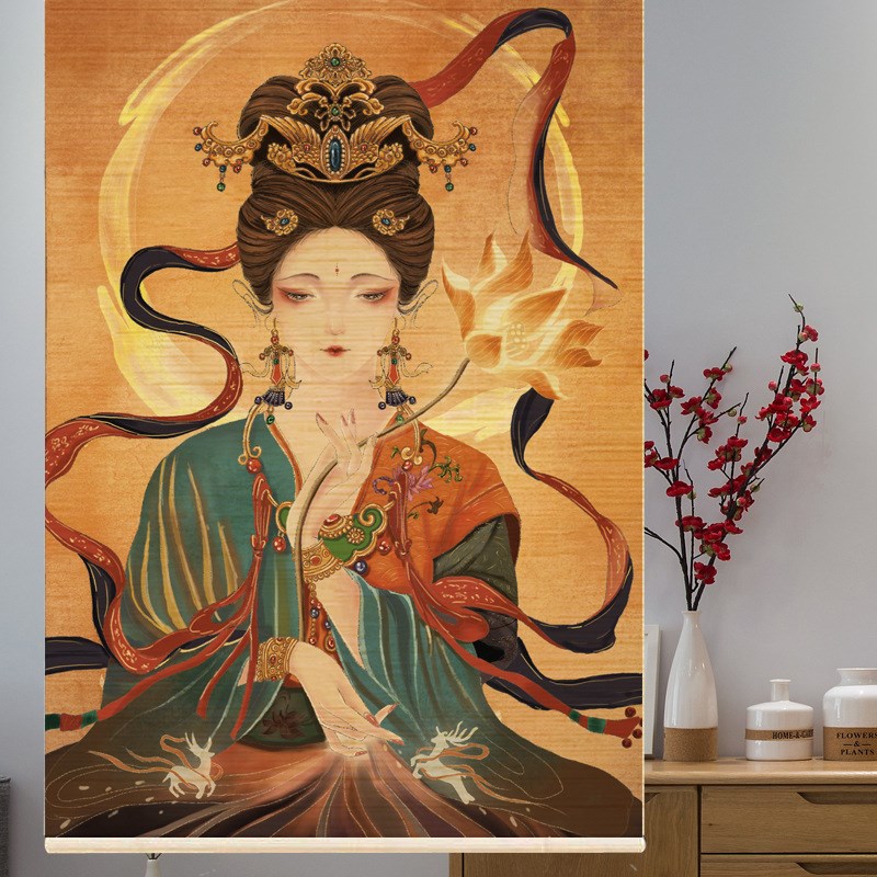 新中式印花客厅玄关餐厅茶y楼装饰画隔断竹帘卷帘挂画竹窗帘