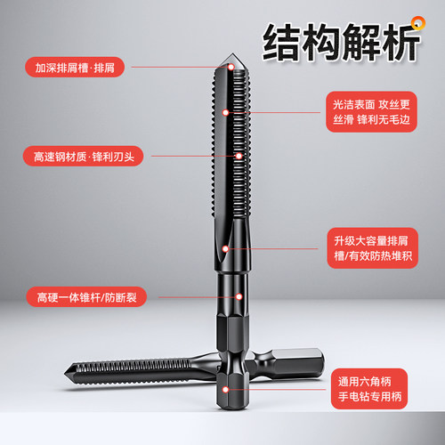 手电钻丝锥丝攻大全六角柄机用先端直槽攻丝电动钻头m4m5m6m8m12m