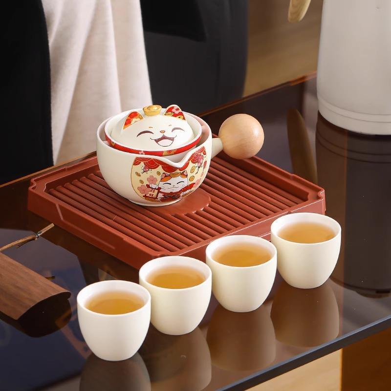 招财猫旋转快客杯旅行茶具套装一壶四杯便携户外露营懒人泡茶神器