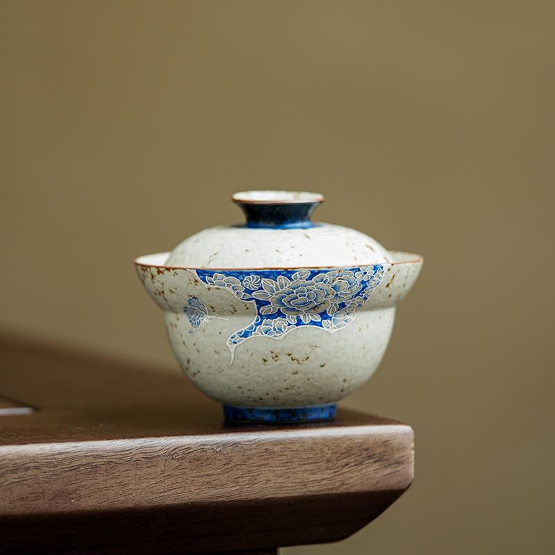 青花火石红蓝牡丹盖碗高档陶瓷不烫手泡茶器中式个人专用茶碗茶具