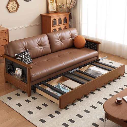 中式复古风实木沙发床折叠两用推拉多功能客厅带储物猫抓皮沙发床