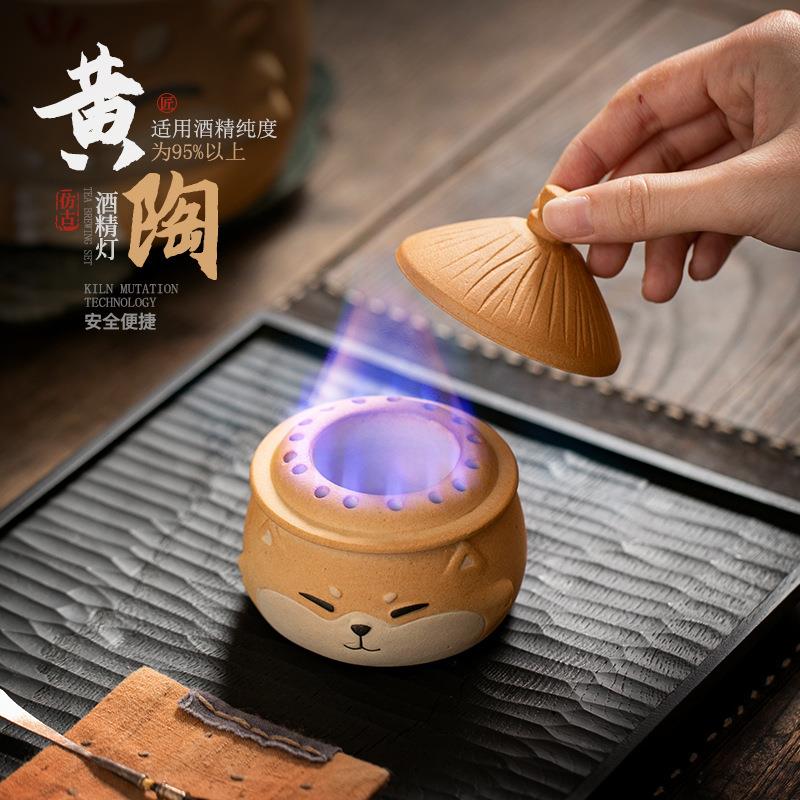 复古粗陶酒精灯煮茶炉茶具黄陶猫咪炭炉酒精炉温茶器茶道加热保温