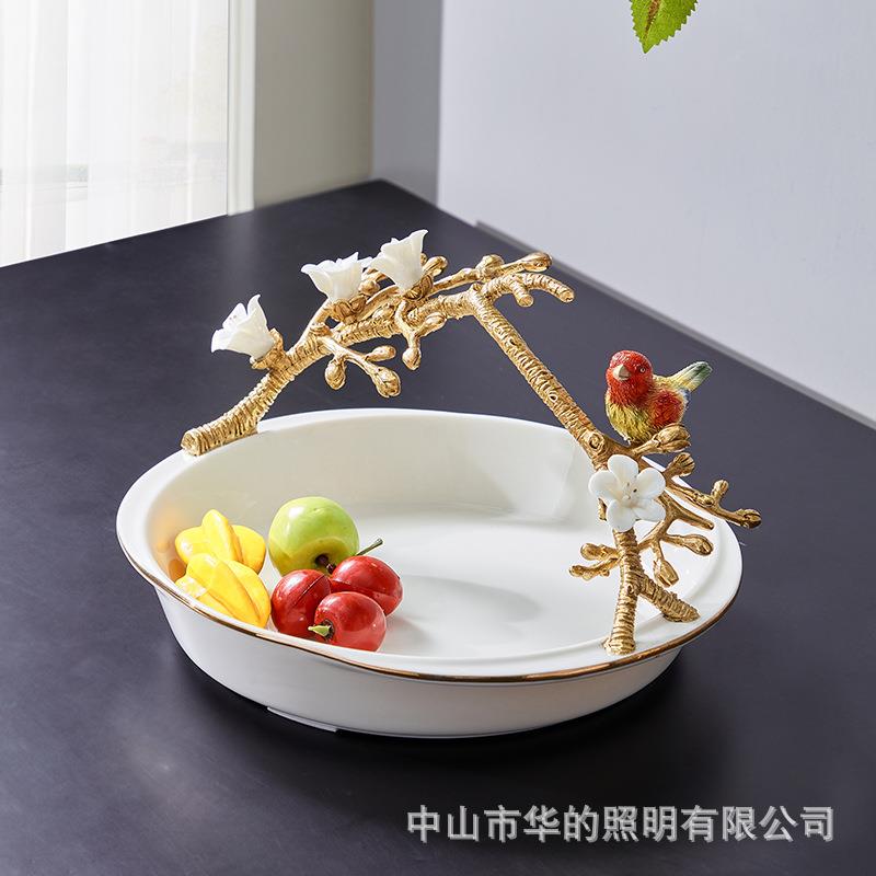 欧式陶瓷镶铜手工艺饰品果盘摆件法式客厅茶几餐厅创意工艺品摆件