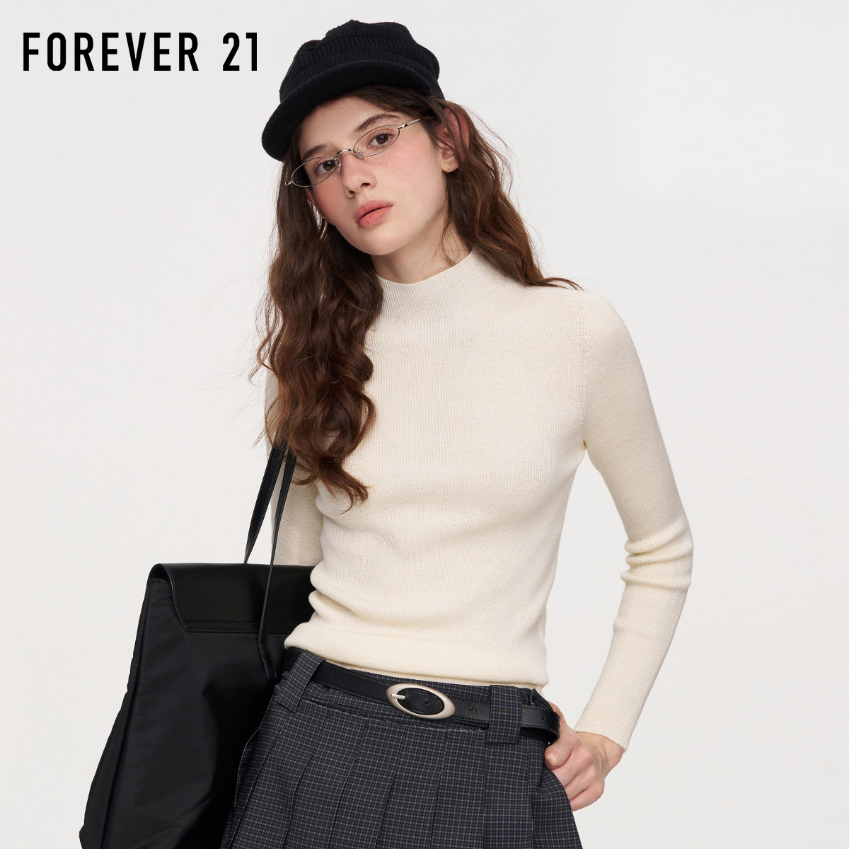 Forever21米色高领修身针织衫